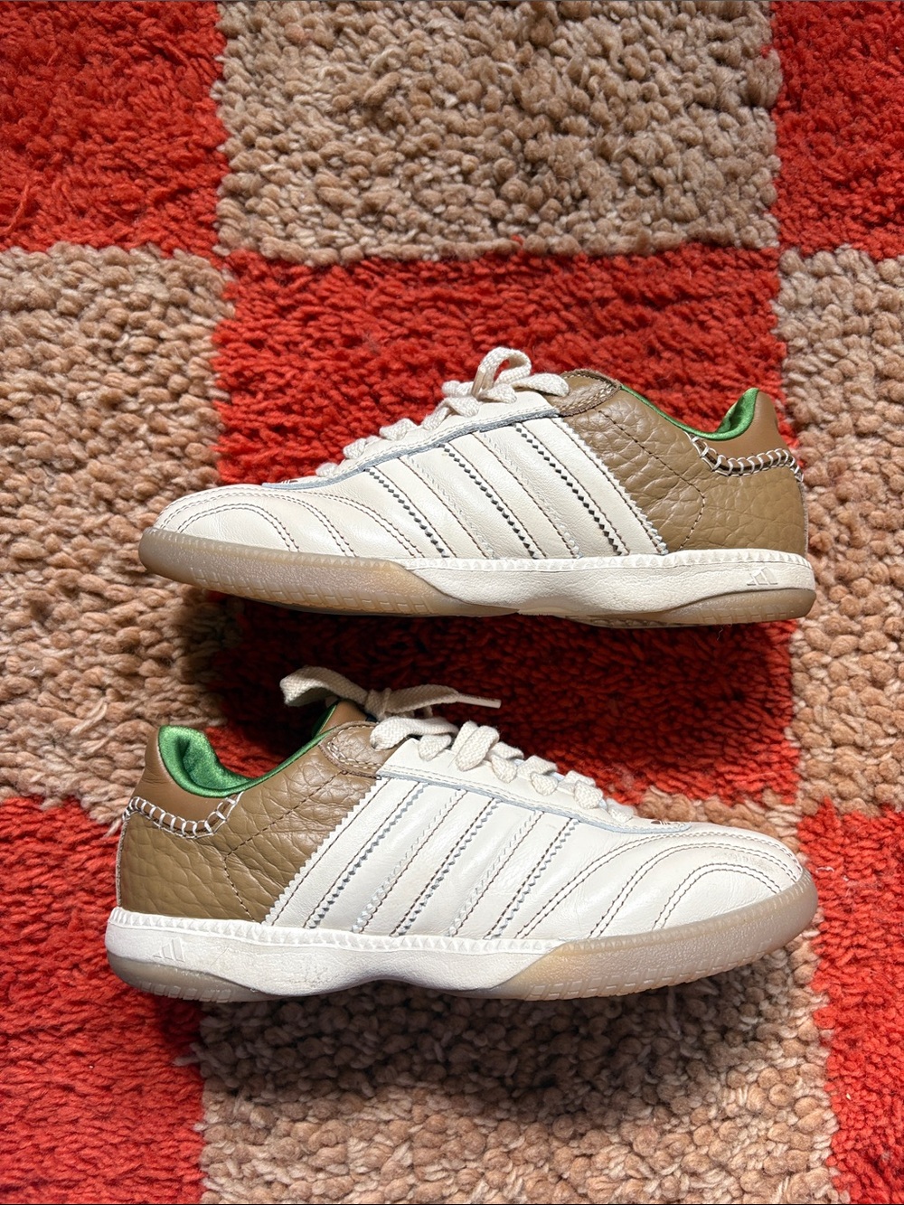 Adidas Wales Bonner  White Sneakers with Tan Panels and Green Lining